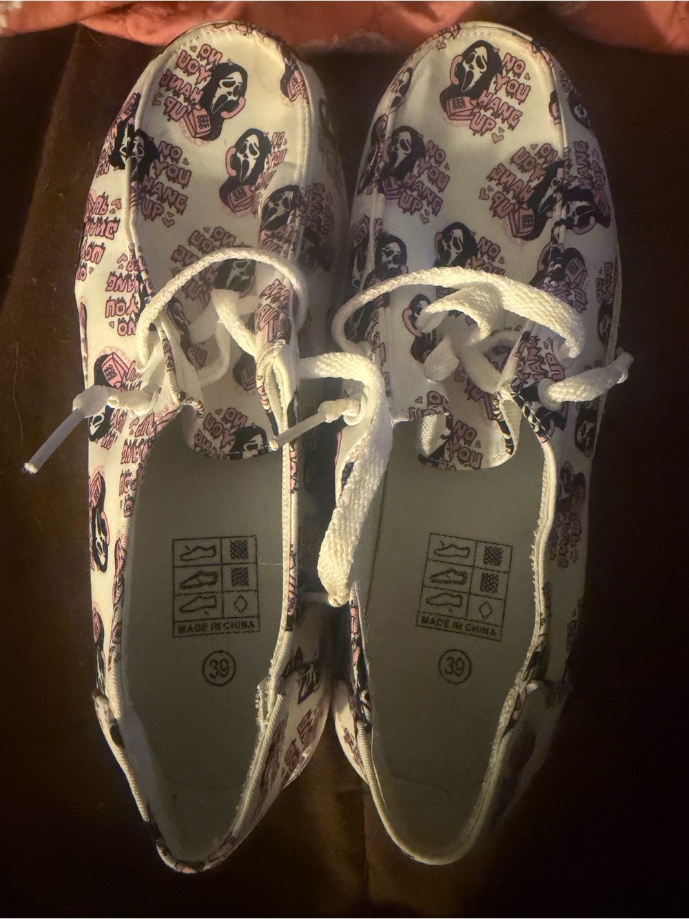 White Ghostface Graphic Canvas Shoes with Pink & Black Print “No You Hang Up”